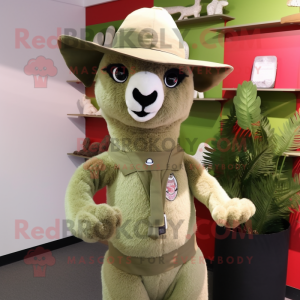 Olive Alpaca mascot costume character dressed with a Capri Pants and Hat pins