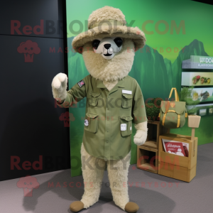 Olive Alpaca mascot costume character dressed with a Capri Pants and Hat pins