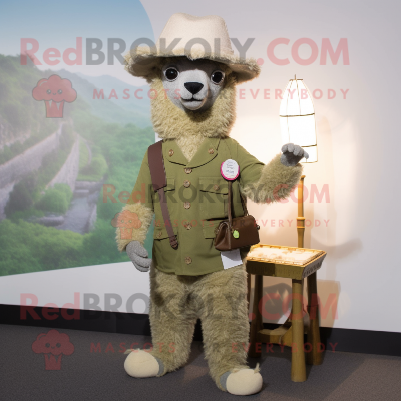 Olive Alpaca mascot costume character dressed with a Capri Pants and Hat pins Olive Alpaca mascot costume character dressed with a Capri Pants and Hat pins