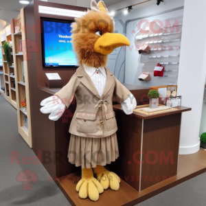 Brown Chicken mascot costume character dressed with a Dress and Lapel pins