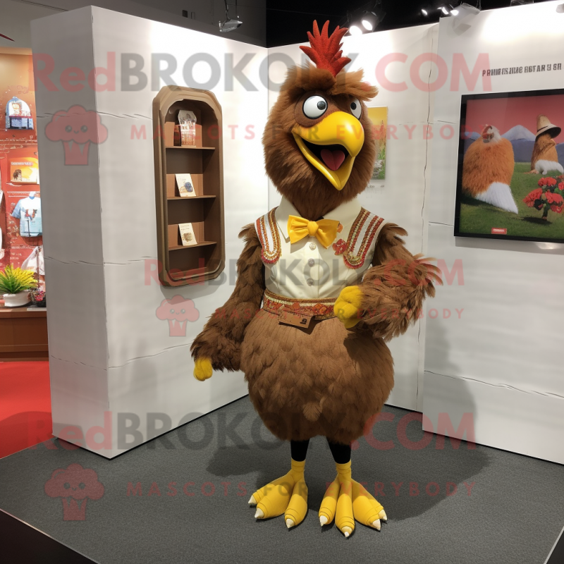 Brown Chicken mascot costume character dressed with a Dress and Lapel pins