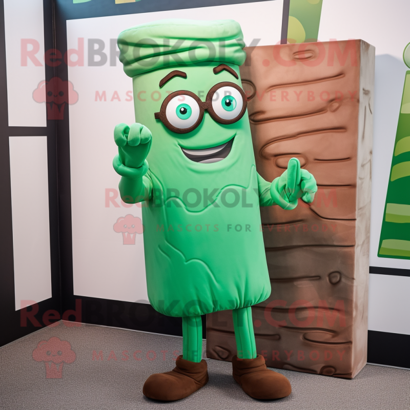 Green Chocolate Bars mascot costume character dressed with a Playsuit and Eyeglasses