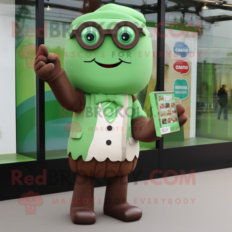 Green Chocolate Bars mascot costume character dressed with a Playsuit and Eyeglasses