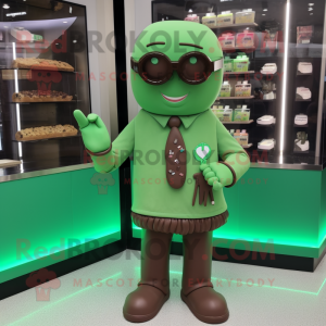 Green Chocolate Bars mascot costume character dressed with a Playsuit and Eyeglasses