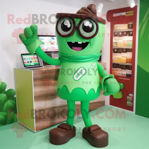 Green Chocolate Bars mascot costume character dressed with a Playsuit and Eyeglasses