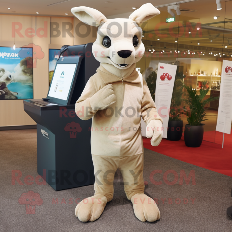 Cream Kangaroo mascot costume character dressed with a Turtleneck and Backpacks Cream Kangaroo mascot costume character dressed with a Turtleneck and Backpacks
