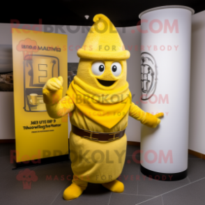 Yellow Irish Castle mascot costume character dressed with a Leggings and Wraps