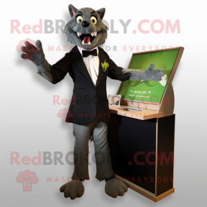 Olive Werewolf mascot costume character dressed with a Tuxedo and Clutch bags