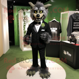 Olive Werewolf mascot costume character dressed with a Tuxedo and Clutch bags