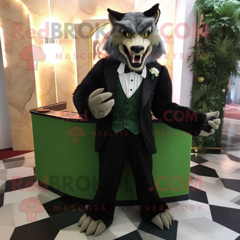 Olive Werewolf mascot costume character dressed with a Tuxedo and Clutch bags Olive Werewolf mascot costume character dressed with a Tuxedo and Clutch bags
