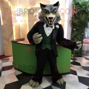 Olive Werewolf mascot costume character dressed with a Tuxedo and Clutch bags