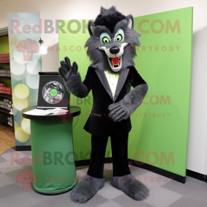 Olive Werewolf mascot costume character dressed with a Tuxedo and Clutch bags