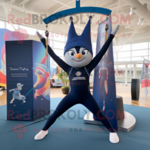 Navy Trapeze Artist mascot costume character dressed with a Yoga Pants and Tote bags