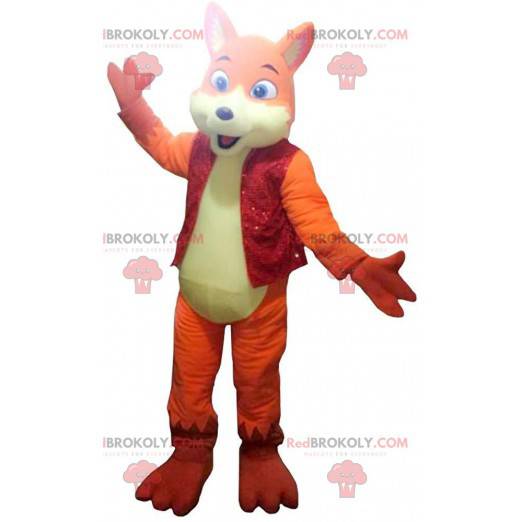 Orange and yellow fox mascot, colorful dog costume -