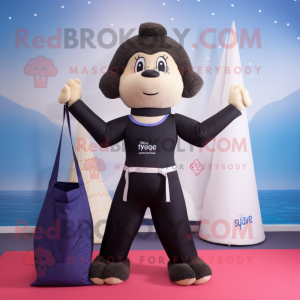 Navy Trapeze Artist mascot costume character dressed with a Yoga Pants and Tote bags