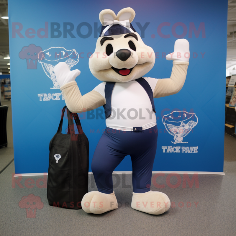 Navy Trapeze Artist mascot costume character dressed with a Yoga Pants and Tote bags
