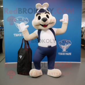 Navy Trapeze Artist mascot costume character dressed with a Yoga Pants and Tote bags