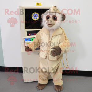 Beige Capuchin Monkey mascot costume character dressed with a Cardigan and Coin purses