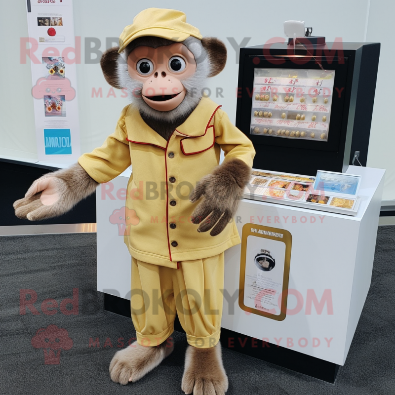 Beige Capuchin Monkey mascot costume character dressed with a Cardigan and Coin purses