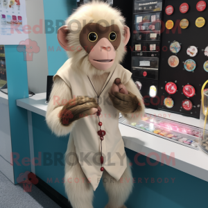 Beige Capuchin Monkey mascot costume character dressed with a Cardigan and Coin purses