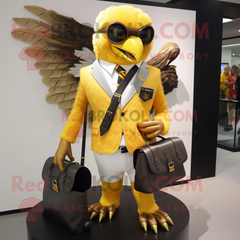 Gold Falcon mascot costume character dressed with a Suit Pants and Handbags Gold Falcon mascot costume character dressed with a Suit Pants and Handbags