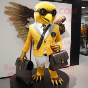 Gold Falcon mascot costume character dressed with a Suit Pants and Handbags