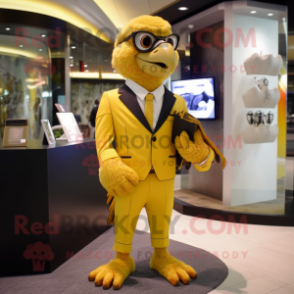 Gold Falcon mascot costume character dressed with a Suit Pants and Handbags