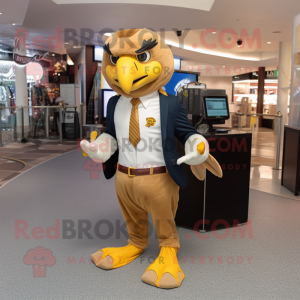 Gold Falcon mascot costume character dressed with a Suit Pants and Handbags