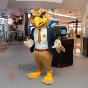 Gold Falcon mascot costume character dressed with a Suit Pants and Handbags