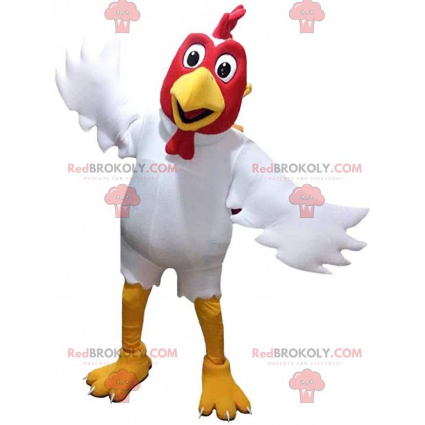 Mascotte gallo bianco e rosso, costume da gallina gigante -