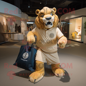 Tan Smilodon mascot costume character dressed with a Rash Guard and Tote bags