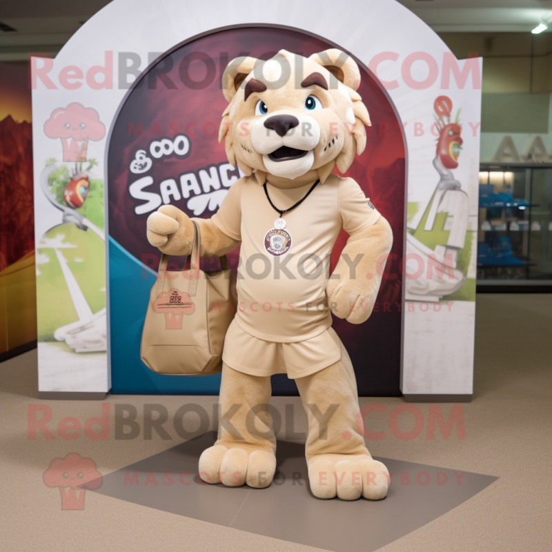 Tan Smilodon mascot costume character dressed with a Rash Guard and Tote bags Tan Smilodon mascot costume character dressed with a Rash Guard and Tote bags