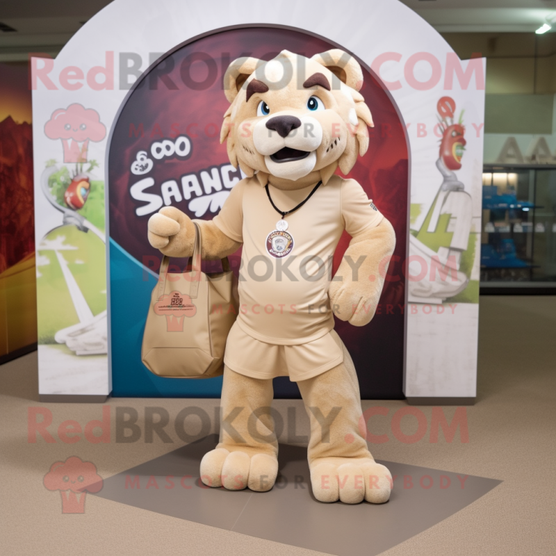 Tan Smilodon mascot costume character dressed with a Rash Guard and Tote bags