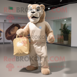Tan Smilodon mascot costume character dressed with a Rash Guard and Tote bags
