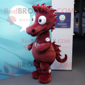 Maroon Seahorse mascot costume character dressed with a Jeans and Lapel pins