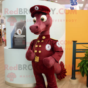 Maroon Seahorse mascot costume character dressed with a Jeans and Lapel pins