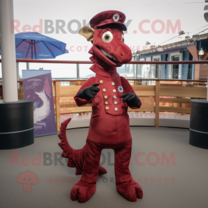 Maroon Seahorse mascot costume character dressed with a Jeans and Lapel pins