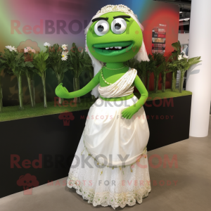 Green Pad Thai mascot costume character dressed with a Wedding Dress and Anklets