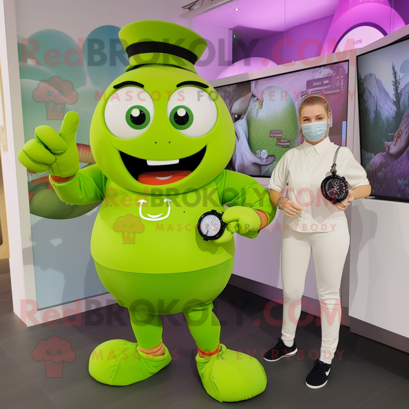 Lime Green Goulash mascot costume character dressed with a Culottes and Smartwatches