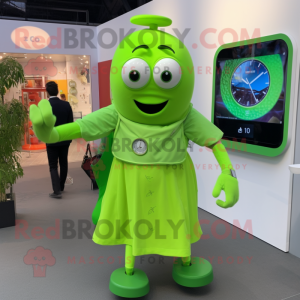 Lime Green Goulash mascot costume character dressed with a Culottes and Smartwatches