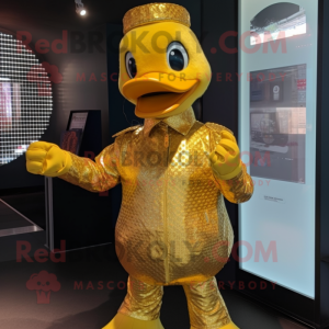 Gold Muscovy Duck mascot costume character dressed with a Flare Jeans and Gloves