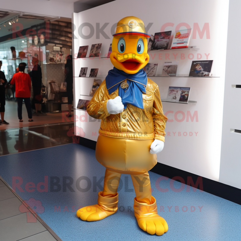 Gold Muscovy Duck mascot costume character dressed with a Flare Jeans and Gloves