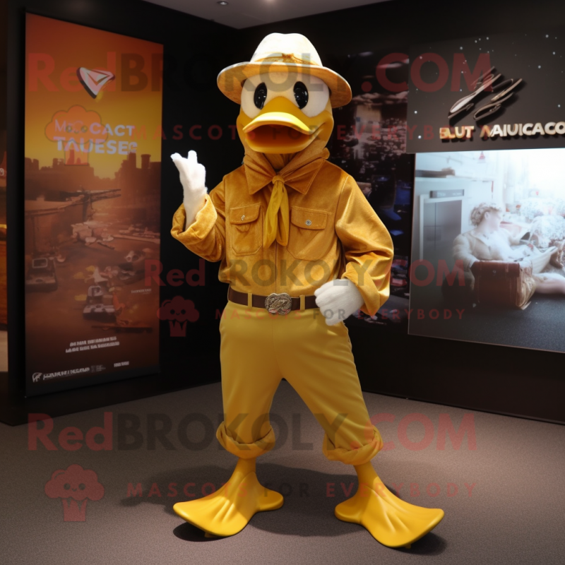 Gold Muscovy Duck mascot costume character dressed with a Flare Jeans and Gloves Gold Muscovy Duck mascot costume character dressed with a Flare Jeans and Gloves