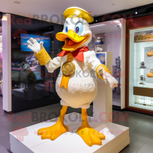 Gold Muscovy Duck mascot costume character dressed with a Flare Jeans and Gloves