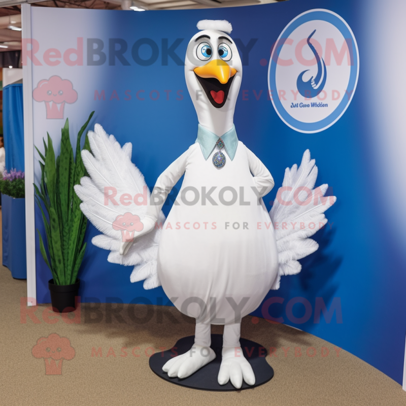 White Peacock mascot costume character dressed with a Bootcut Jeans and Tie pins White Peacock mascot costume character dressed with a Bootcut Jeans and Tie pins