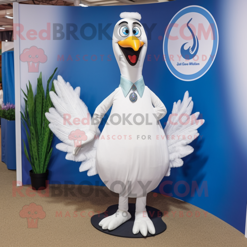 White Peacock mascot costume character dressed with a Bootcut Jeans and Tie pins