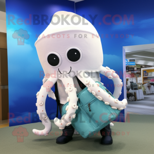 White Octopus mascot costume character dressed with a Sheath Dress and Backpacks