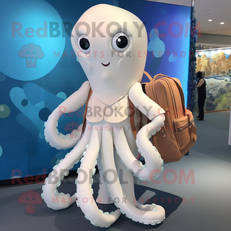 White Octopus mascot costume character dressed with a Sheath Dress and Backpacks