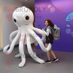 White Octopus mascot costume character dressed with a Sheath Dress and Backpacks