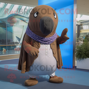 Brown Whale mascot costume character dressed with a Cover-up and Shawls